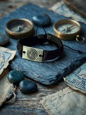 Hand Crafted Black Bracelet with Silver Peace Sign